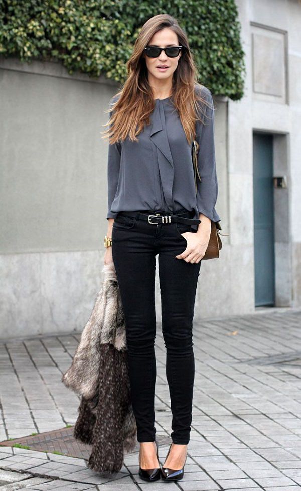 work-fashion-grey-blouse-black-skinny-jeans-combo