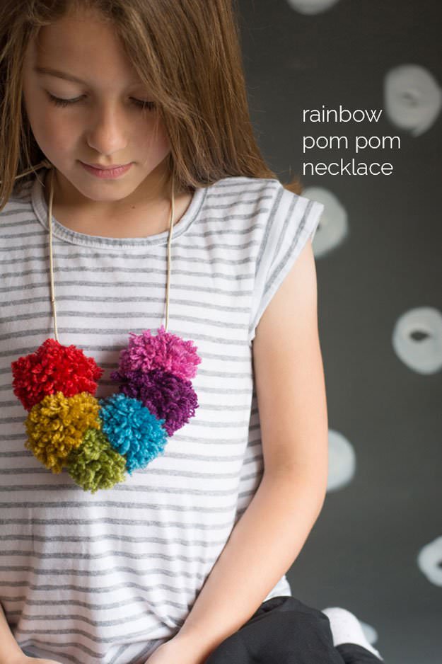 Cheap-DIY-Jewelry-Projects-for-Girls-Rainbow-Pompom-Necklace