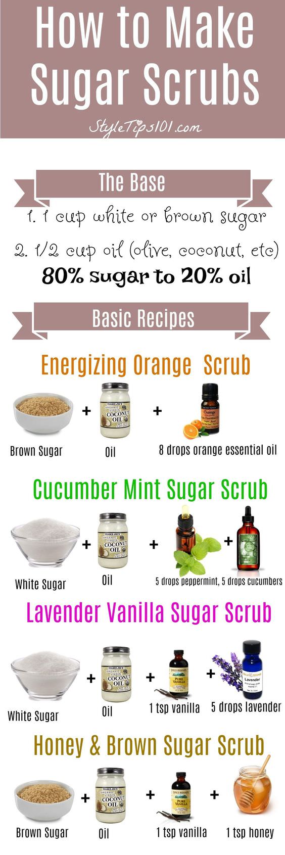 Learn how to make sugar scrubs at home by using the 80-20 ratio. Use 80% sugar to 20% oil, and add in your favorite essential oils!