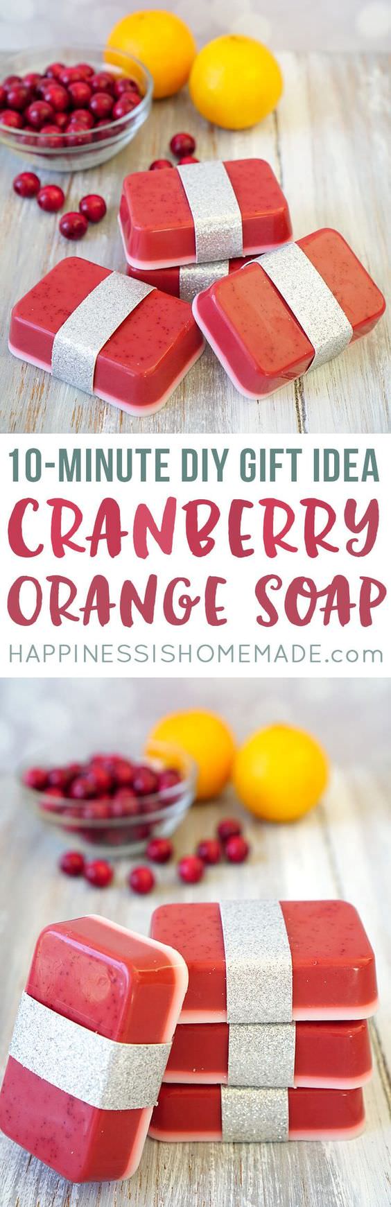 This Cranberry Orange Soap smells delicious, and you can whip up an entire batch in just a few minutes! Makes a great DIY homemade holiday gift idea!