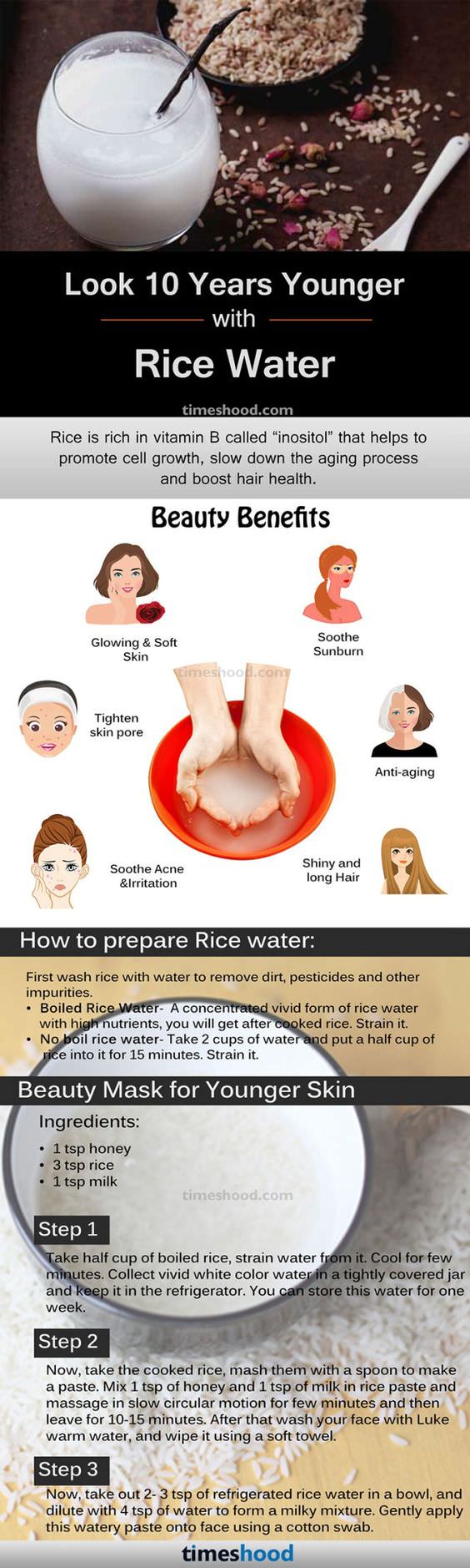 Rice Water Mask that will give the radiant youthful skin to look 10 years younger. Benefits and How to prepare Rice water for skin and hair with steps.